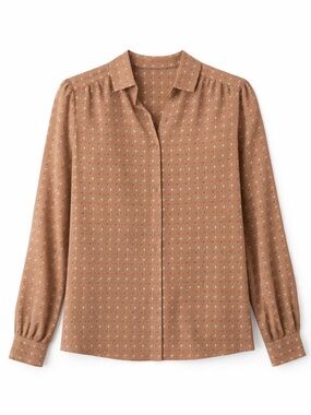 Women's Tan Floral Long-Sleeve Button-Front Blouse